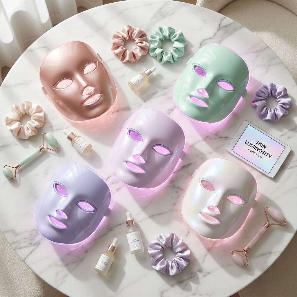 Collection of top rated LED face masks for 2025 arranged on a marble surface