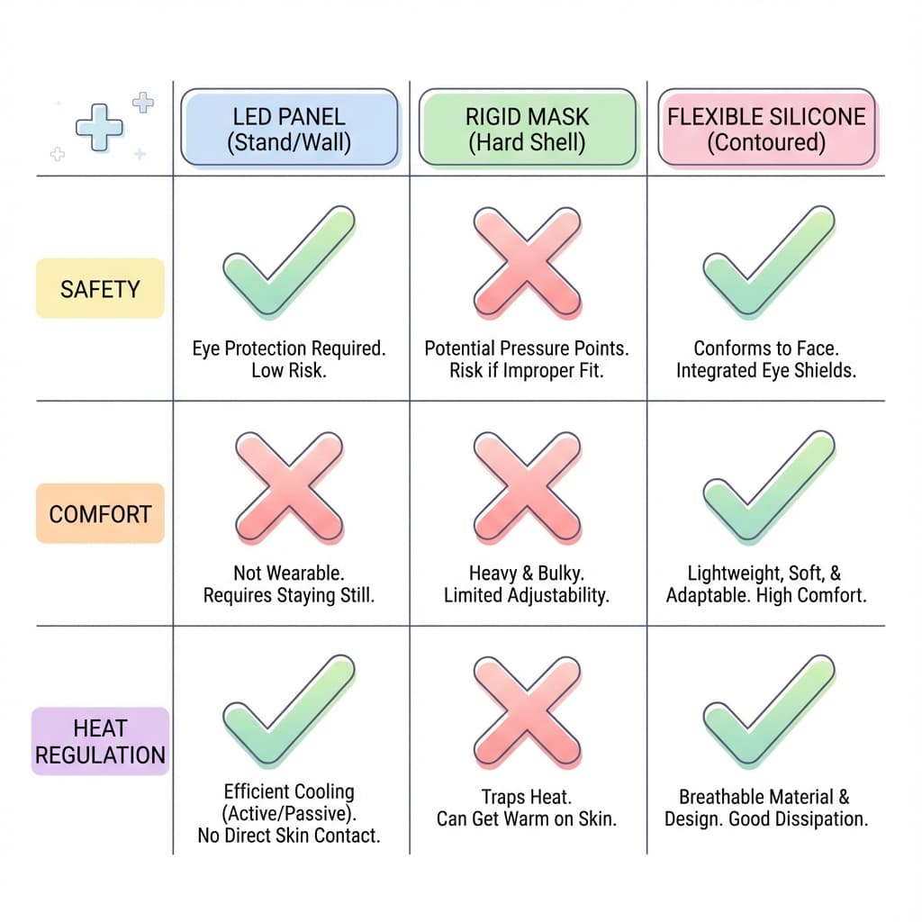 Comparison matrix of LED Panels vs Rigid Masks vs Flexible Silicone Masks for safety and comfort.