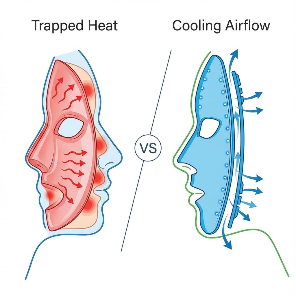 Diagram comparing heat accumulation in flexible silicone masks versus cooling airflow in rigid masks.