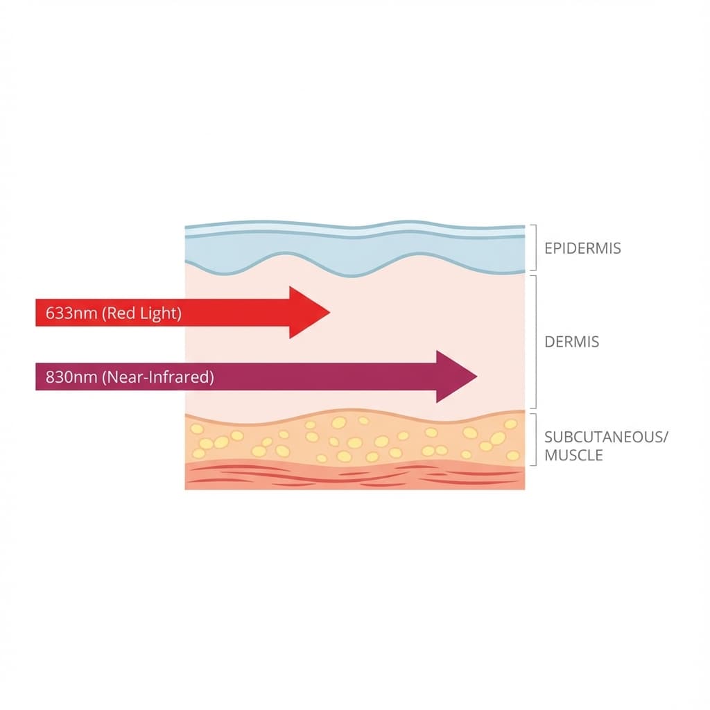 Medical diagram showing Red (633nm) and Near-Infrared (830nm) light penetrating the epidermis and dermis layers without damaging tissue.