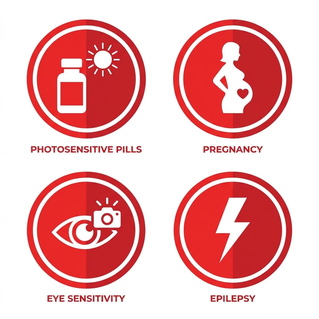 Medical warning icons indicating contraindications for LED masks: Photosensitivity, Epilepsy, Pregnancy, and Eye Conditions.