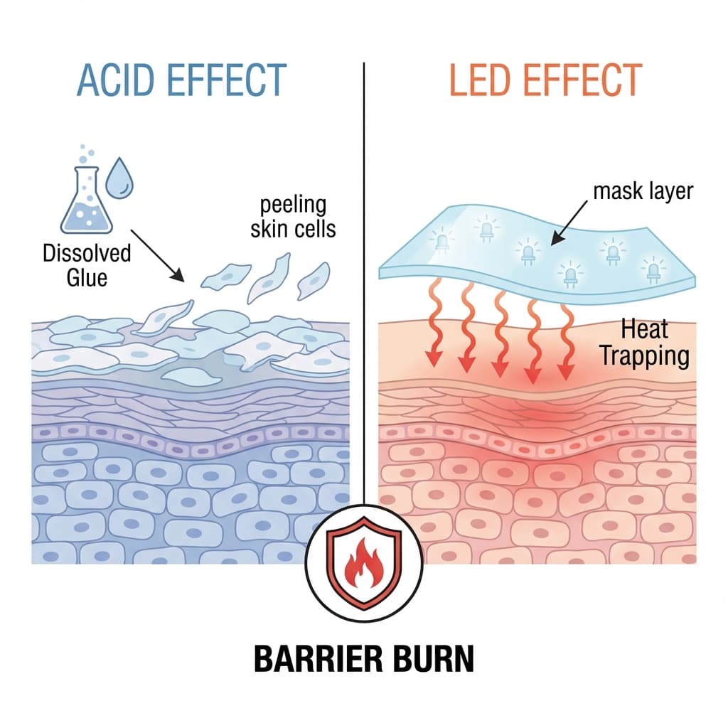 Diagram showing how acids dissolve the skin glue, making the barrier permeable to heat from LED masks.