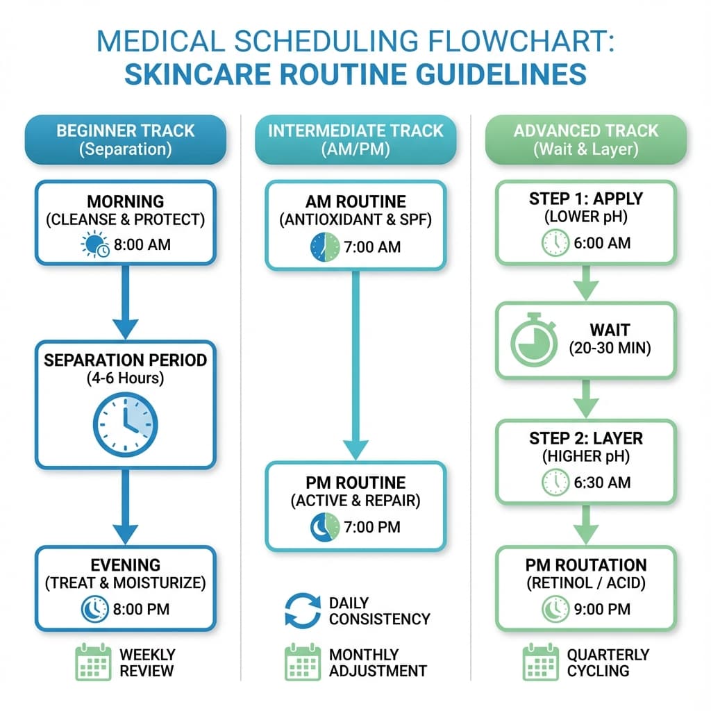 Flowchart showing Beginner (Separation), Intermediate (AM/PM), and Advanced (Wait/Layer) schedules.