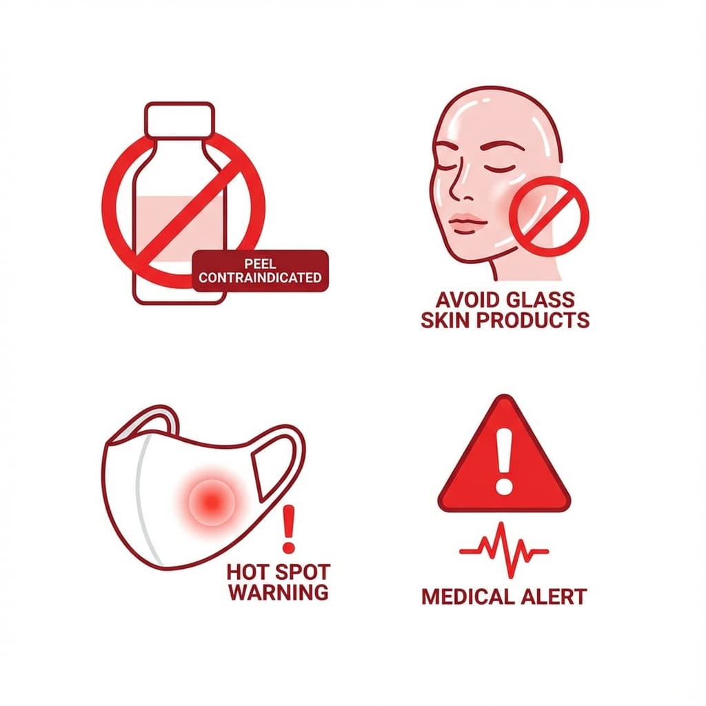 Warning icons showing peel bottles, tight glass skin, and mask hot spots as contraindications.