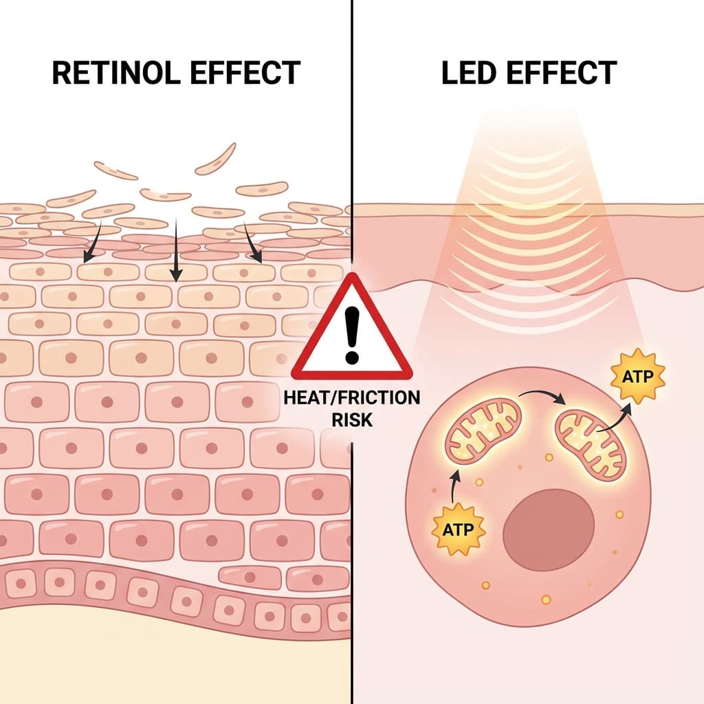 Diagram showing how Retinoids thin the stratum corneum while LED penetrates deeper, highlighting the risk of heat on thinned skin.