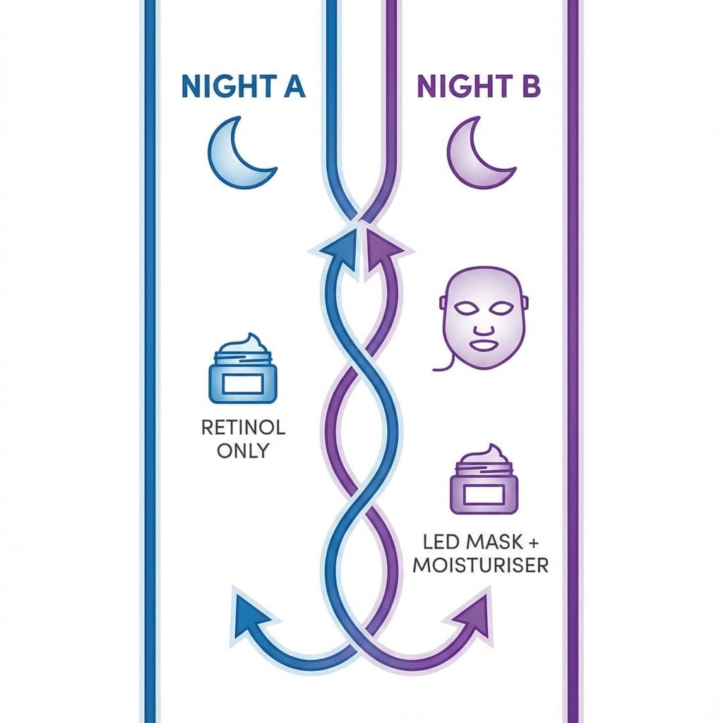 Flowchart illustrating the 'Alternate Nights' method for safely combining LED masks and Retinol.