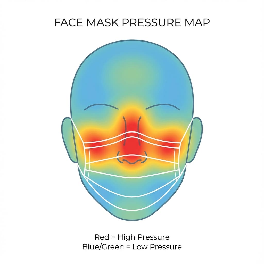 Medical heatmap showing high-pressure points on cheekbones and nose bridge from rigid LED masks.