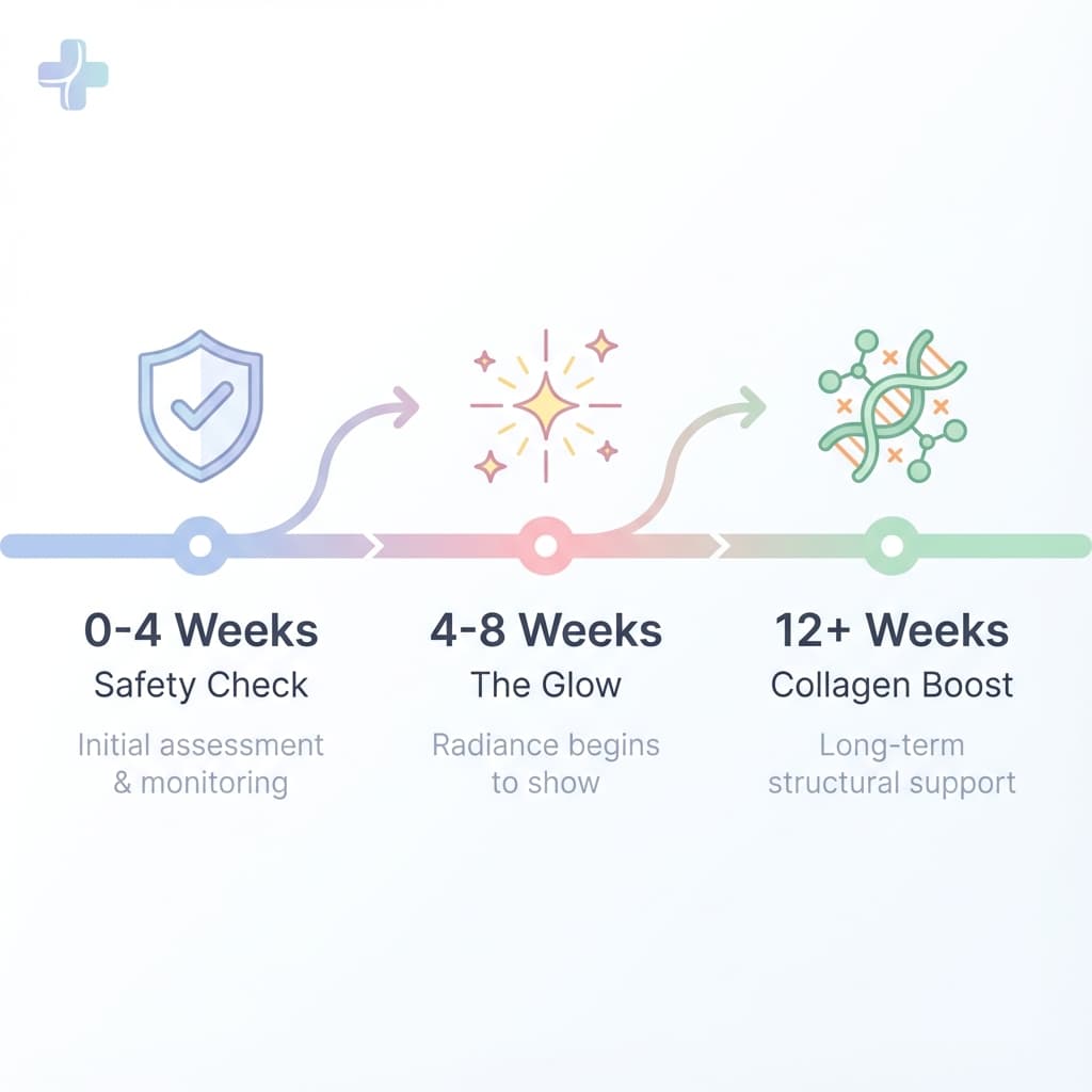 Timeline showing 0-4 weeks as strict safety check, 4-8 weeks for glow, and 12+ weeks for collagen results.