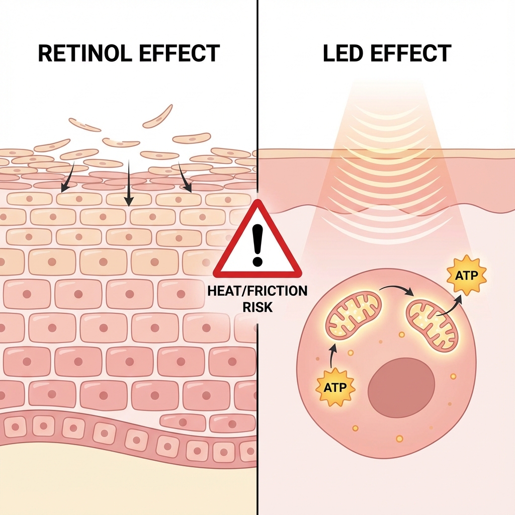 Diagram showing how Retinoids thin the stratum corneum while LED penetrates deeper, highlighting the risk of heat on thinned skin.