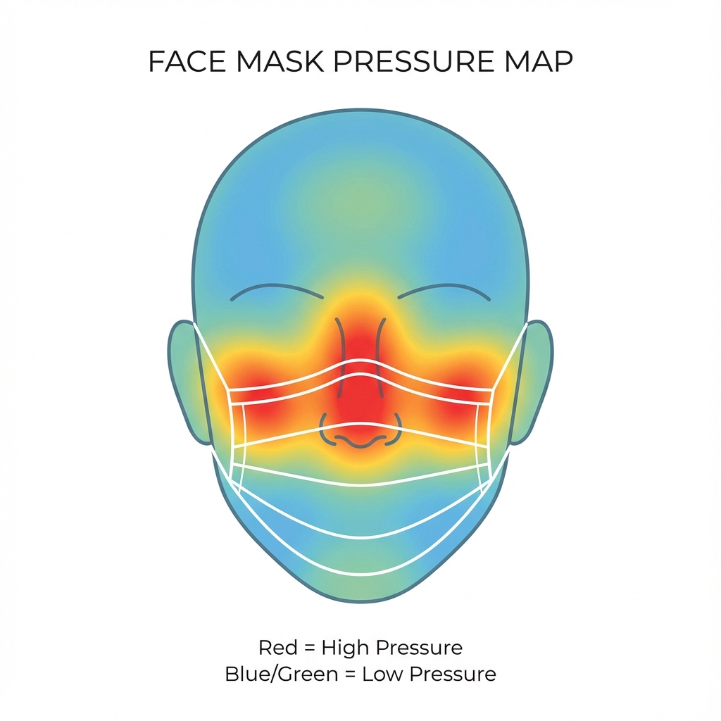 Medical heatmap showing high-pressure points on cheekbones and nose bridge from rigid LED masks.